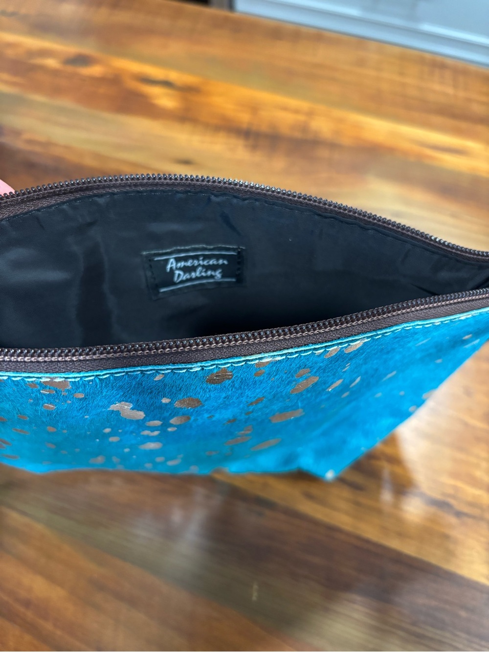 American Darling Turquoise Cowhide Leather Zipper Clutch w brown trim and strap - Picture 2 of 9